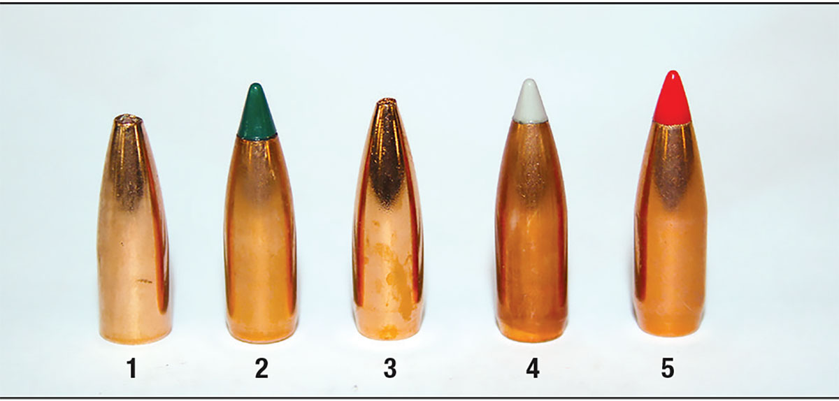 The 39- and 40-grain slugs used to test heavy-bullet loads from the 204 Ruger included: (1) Speer’s 39-grain TNT, (2) Sierra’s 39-grain VarmintKing (formerly BlitzKing, with no changes), (3) 40-grain Berger Boat Tail Varmint, (4) Nosler’s 40-grain Ballistic Tip Varmint and (5) Hornady’s 40-grain V-MAX.